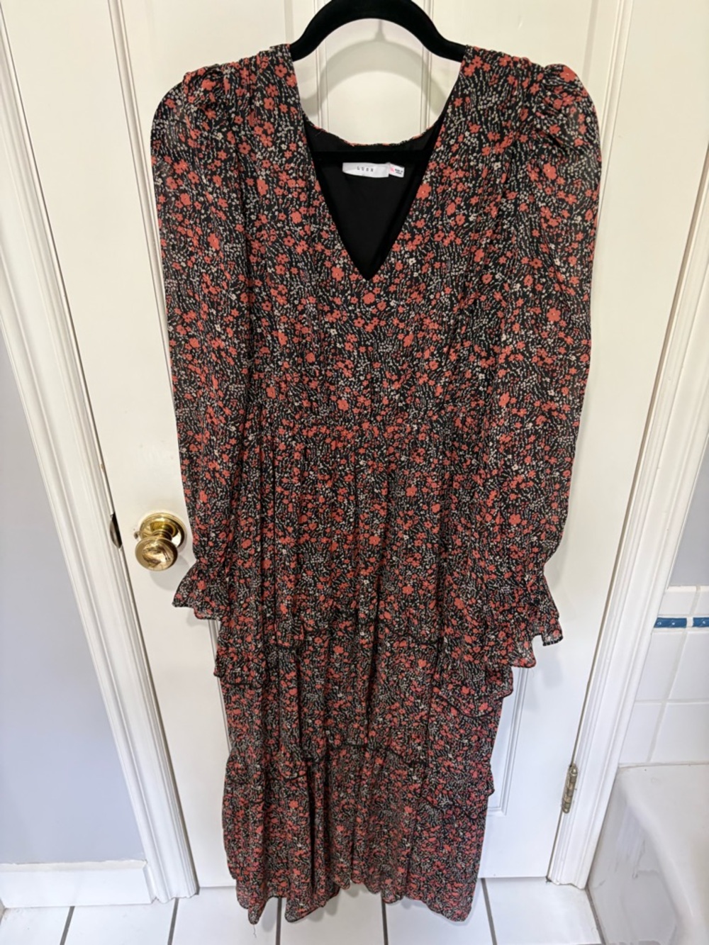 Lush Floral Tiered V-Neck Maxi Dress in Black and Coral